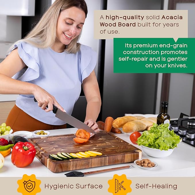 WoodSentials Evergreen End Grain Cutting Board for Kitchen - Large Heavy Duty 16x12.4x1.5" Acacia Wood Butcher Block with Feet - Reversible Charcuterie Meat & Cheese Board - Chef Quality Gift in Box