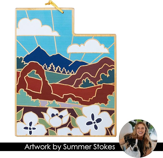 Totally Bamboo Utah State Shaped Cutting Board and Charcuterie Serving Platter with Artwork by Summer Stokes, Includes Hang Tie for Wall Display Varies