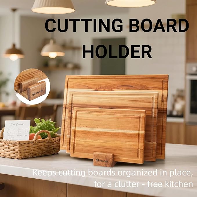 Cokka Praca Teak Cutting Board Set with Stand | 3 Pcs Durable Wooden Cutting Boards for Kitchen | Splinter-Free & No Cracking Design | Non-Slip Wood Cutting Boards with Deep Juice Groove