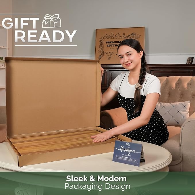 Howizz Acacia Wood Large Cutting Board, Thick Edge Grain Solid Wood Butcher Block For Kitchen, Non Toxic Pre-Oiled Carving Tray w/Juice Grooves and Easy Grip Handle, 20"x15" Thick 1" Gift-Ready Box