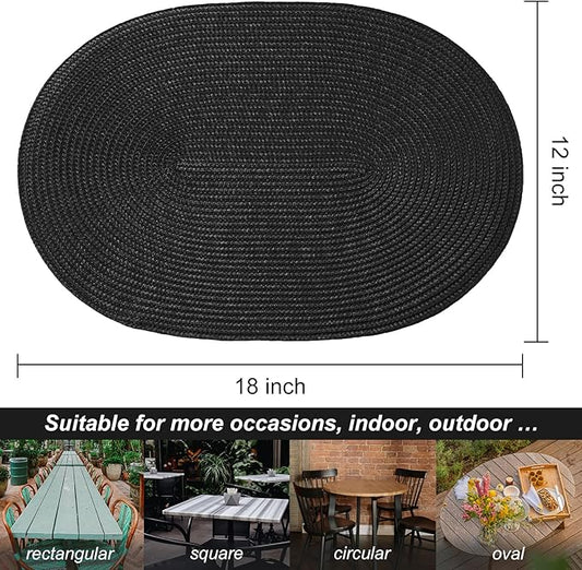 AHHFSMEI Placemats Set of 8 for Dining Table Washable Woven Non-Slip 18x12 inches Placemat Heat-Resistant Durable Table Mats for Dining Table Easy to Clean (Black, 8)