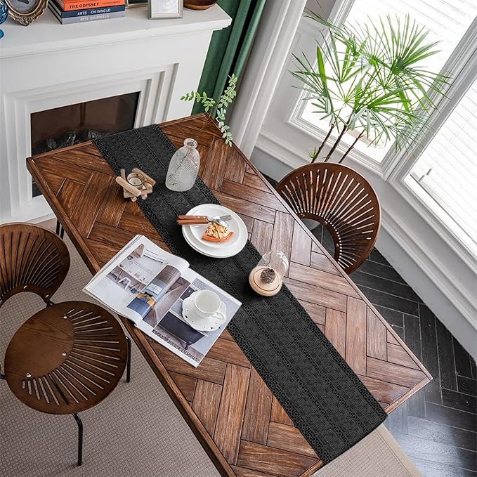 Alynsehom Macrame Table Runner Pure Black Boho Table Runners with Tassels Hand Woven Cotton Table Runner Rustic Farmhouse Table Runners for Bohemian Kitchen Dining Table(12x108in)
