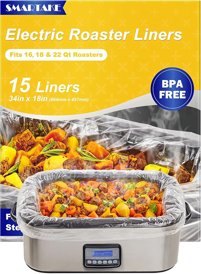 SMARTAKE Electric Roaster Liners, 15 Count Disposable Roaster Liners, Fits 16, 18, 22 Quart Roasters, Roaster Pan Oven Liners Plastic Cooking Bags for Instant Cleanup, 18 x 34 Inch