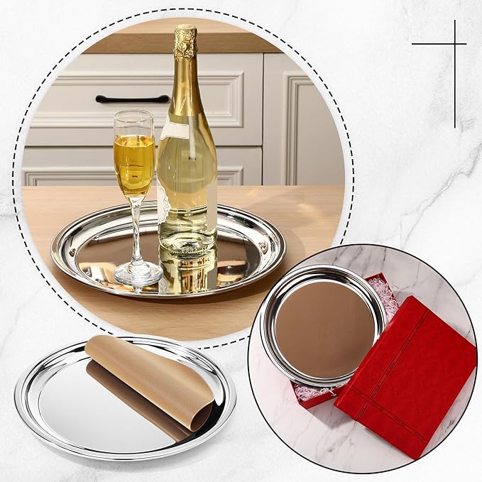 LemonRoad 2 Set Round Silver Mirror Decorative Tray 12.6 Inch Stainless Steel Metal Serving Tray Mirrored Finish Circular Bar Platter with Anti Slip Mat Vanity Kitchen Organizer for Home