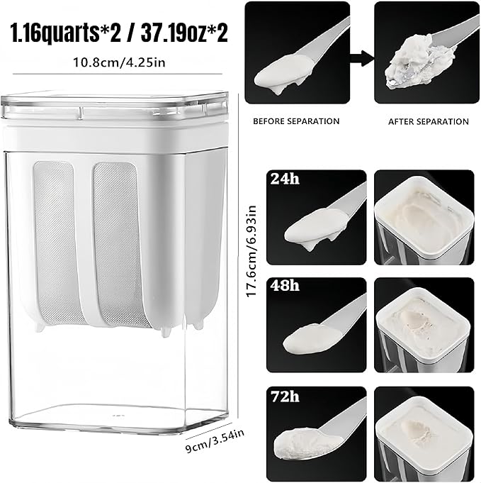 2Packs Yogurt Strainer—[1.16QT*2/0.29GAL*2] Total & [0.55QT*2/0.1375GAL*2] Filter, Greek Yogurt Strainer Yogurt Press, BPA-Free PP Strainer for Whey Separation & Greek Yogurt Maker(Total1.16QT*2)