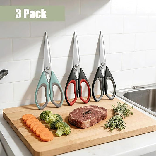 3-Pack 9.5"Kitchen Scissors All Purpose - Heavy Duty Stainless Steel Cooking Shears for Cutting Meat, Food, Fish, Poultry Multipurpose Sharp Sissors for Dishwasher Safe, with Protective Sheath