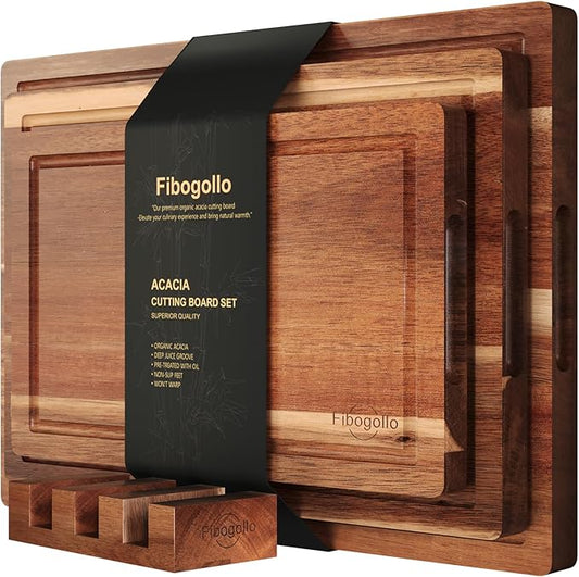Acacia Wood Cutting Boards for Kitchen(Set of 3),Wooden Chopping Boards Set with Juice Groove, Large Serving Board with Holder,Butcher Block for Meat,Vegetables,Fruit