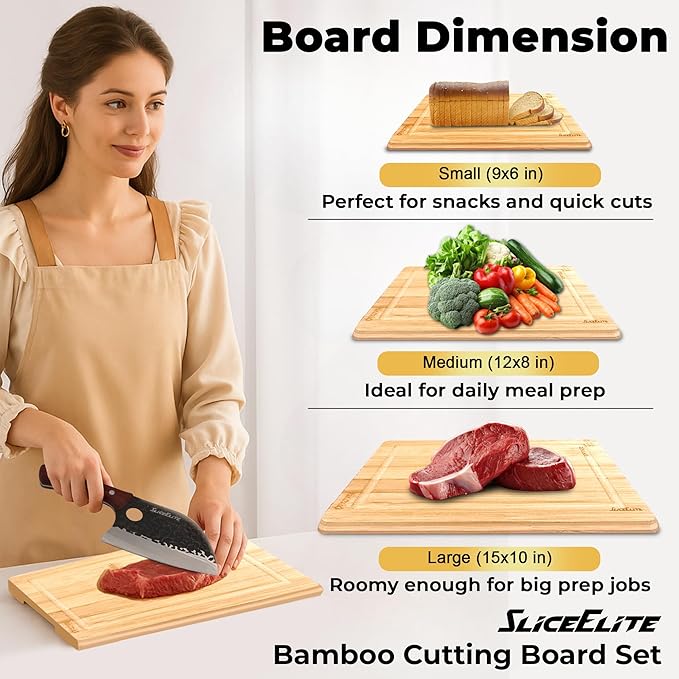 SliceElite Bamboo Cutting Board Set of 3 with Holding Rack and Silicone Feet Non Slip Storage Organizer with Handles Juice Grooves Space Saving Countertop Kitchen Wood Prep Boards Wooden Chopping