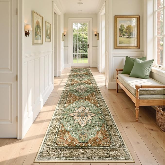 Area Rugs 2'6''x10' Runner Rug Non Slip Washable for Kitchen Hallway Bedroom Beside Laundry Room Bathroom Rug, Floor Carpet, Brick Red Rust Neutral Brown Burnt Orange Green