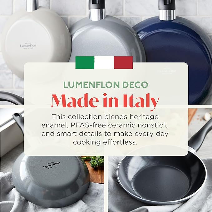 Lumenflon Deco 8” Nonstick Frying Pan Skillet, Made in Italy, Diamond Ceramic PFAS-Free, Dishwasher & Metal Utensil Safe, Durable Gloss Enamel Finish, Stay-Cool Handle, High Walls-Extra Room, Gray