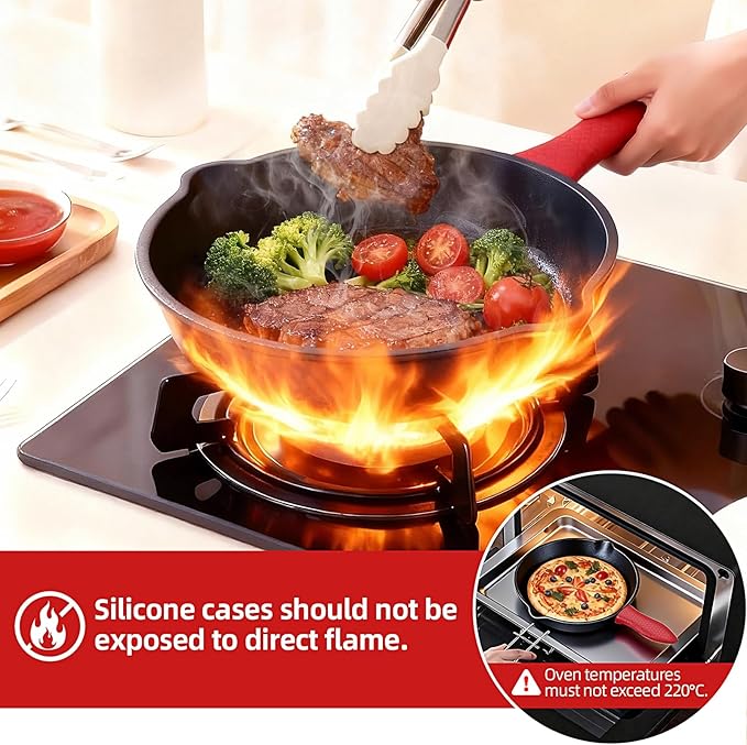 Cast Iron Skillet 3 piece set, cookware set 6, 8, 10 Inches, for frying, saute, &more, easy use in the oven, stove, grill, or campfire, black, with silicone heat-resistant cover