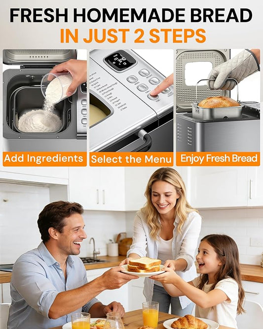 Bread Maker, 2LB Stainless Steel Bread Machine, 17-in-1 Automatic Settings, Non-Stick Pan, Beginner-Friendly Controls, Easy to Clean, Low Noise, High Success Rate for Homemade Bread
