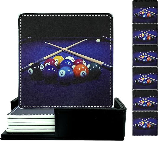 Marble Coasters Square Leather Drinks Coaster Set with Holder for Coffee Table Bar Home Decor 4 Inches Set of 6 (Billiards, One Size)