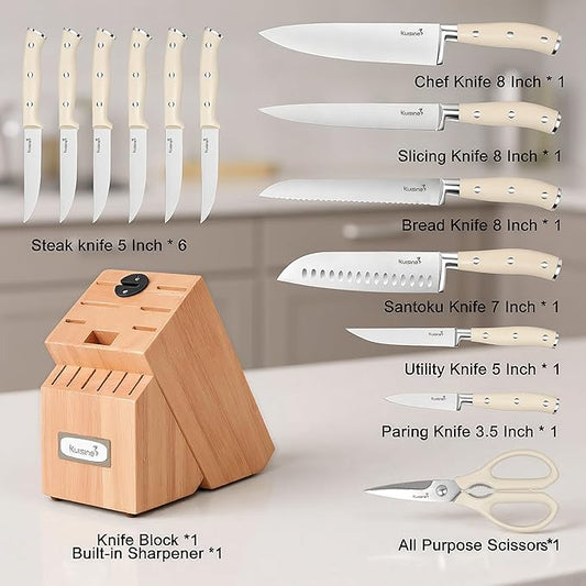 KUISINE Upgraded Knife Set High Carbon Stainless Steel Ultra Sharp Blade Ergonomic Handle,Knife Block Set with Built-in Sharpener(Ivory Acacia,15PCS)