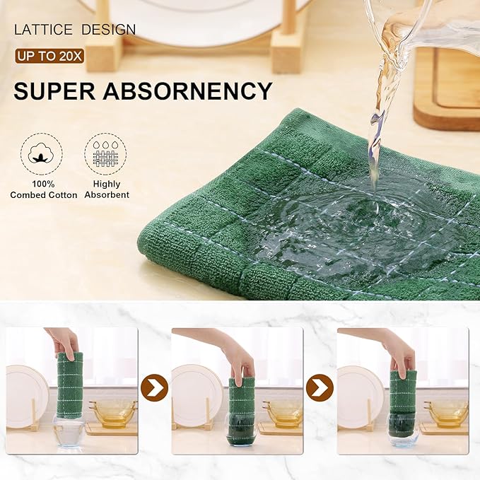 Mordimy 100% Cotton Terry Cloth Kitchen Towels, Super Soft and Absorbent Dish Towels for Drying, Checkered Designed Hand Towels for Kitchen, 16 x 26 Inches, 6 Pack, Grass Green