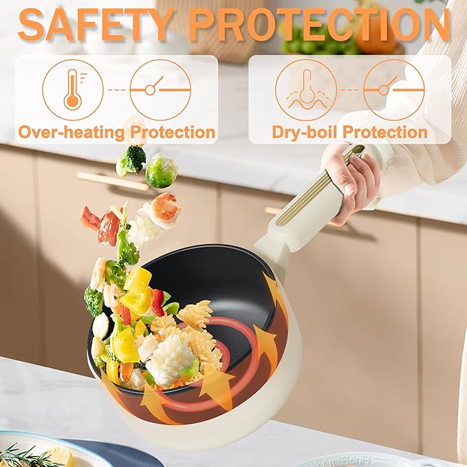 TOPWIT Hot Pot Electric, 2L Multifunctional Electric Pot, Non-Stick Sauté Pan, Portable Cooker for Steak, Egg, Fried Rice, Ramen, Soup with Dual Power Control (Silicone Spatula Included), Beige