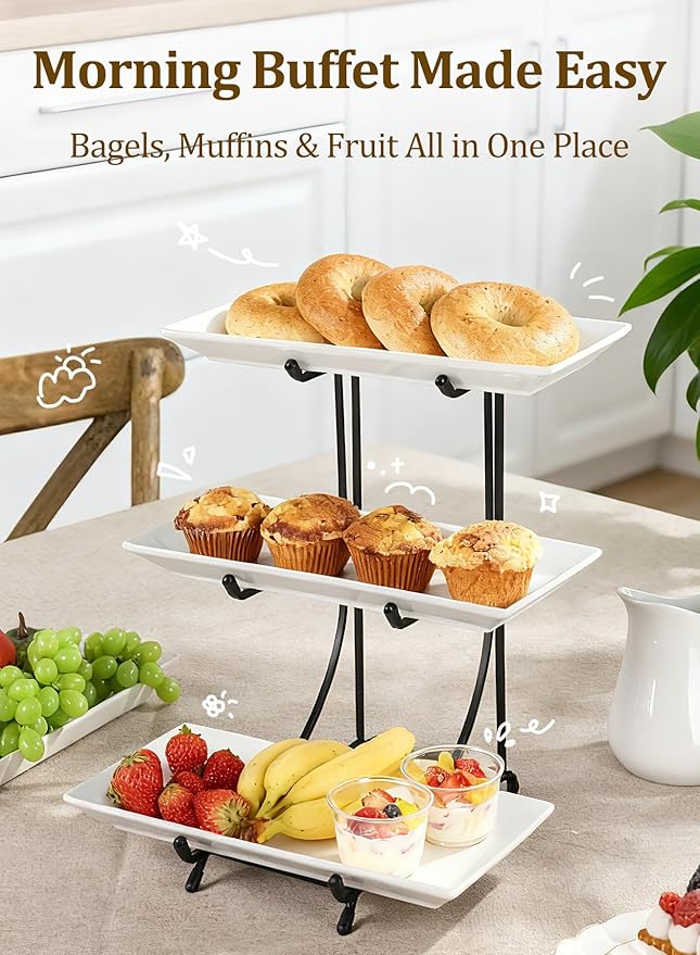 Yedio 3 Tier Serving Tray Set – 12 Inch Porcelain Serving Platters with Pre-Assembled Black Metal Stand, No Installation Required, Tiered Tray for Dessert Fruit Food Display and Party Entertaining