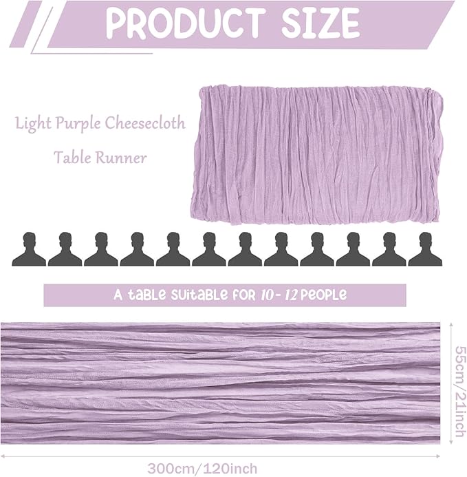 10 Pack Cheesecloth Table Runner 10FT Boho Gauze Rustic Fabric Table Runner Vintage Sheer Tablecloth for Wedding Party Bridal Baby Shower Decorations (Light Purple)