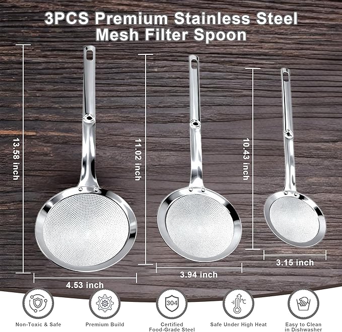 3 Pack Fine Mesh Skimmer Spoons, 304 Stainless Steel Strainer Ladles with Long Handles, Extra Fine Kitchen Sieves for Oil, Grease, Foam, Pasta, Seafood & Hot Pot Cooking