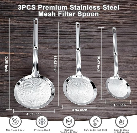 3 Pack Fine Mesh Skimmer Spoons, 304 Stainless Steel Strainer Ladles with Long Handles, Extra Fine Kitchen Sieves for Oil, Grease, Foam, Pasta, Seafood & Hot Pot Cooking