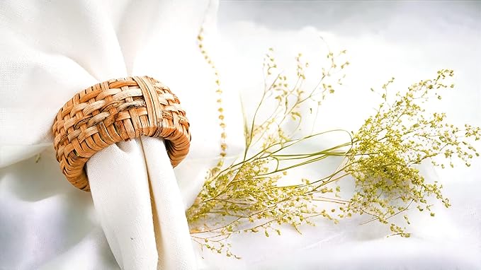 ALPHA Living HOME Natural Rattan Napkin Rings Set of 12 - Handcrafted Cane Serviette Holders for Table Decor, Weddings, Parties, Dinners, Rustic Boho Style Napkin Rings Set (Brown)