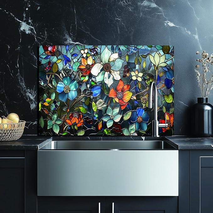 Evgosm Tempered Glass Backsplash for Kitchen, Pixel Flower Stove Splashback, Glass Backsplash, Used for Kitchen Wall Protection and Decoration, Easy to Install and Clean. (30x18'')