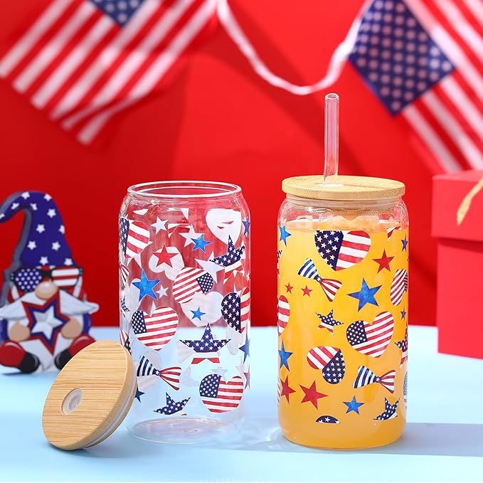 Sliner 2 Pcs Veterans Day Glass Cups 4th of July Tumbler Gifts Patriotic American Flag Star Iced Coffee Cup with Lid Straw Cleaning Brush 16 oz Red White Blue Drinking Glasses for Women
