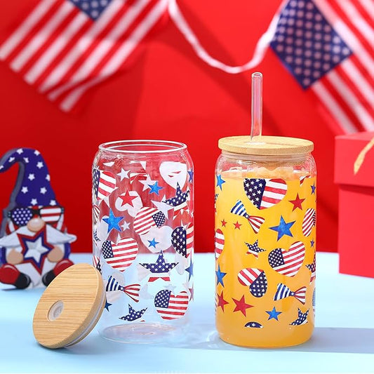 Sliner 2 Pcs Veterans Day Glass Cups 4th of July Tumbler Gifts Patriotic American Flag Star Iced Coffee Cup with Lid Straw Cleaning Brush 16 oz Red White Blue Drinking Glasses for Women