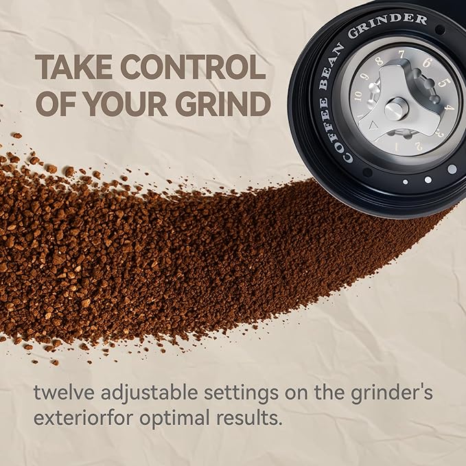 Portable Manual Coffee Grinder – Effortless 7 CNC420 High-Carbon Steel Burrs, Uniform 20 μm Grind, Full Aluminum Body & Tinted Glass Jar, 25 g capacity for travel (Black)