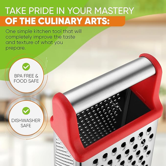 Spring Chef Stainless Steel XL Box Grater & Premium Lemon Zester - 2 Product Bundle - Red