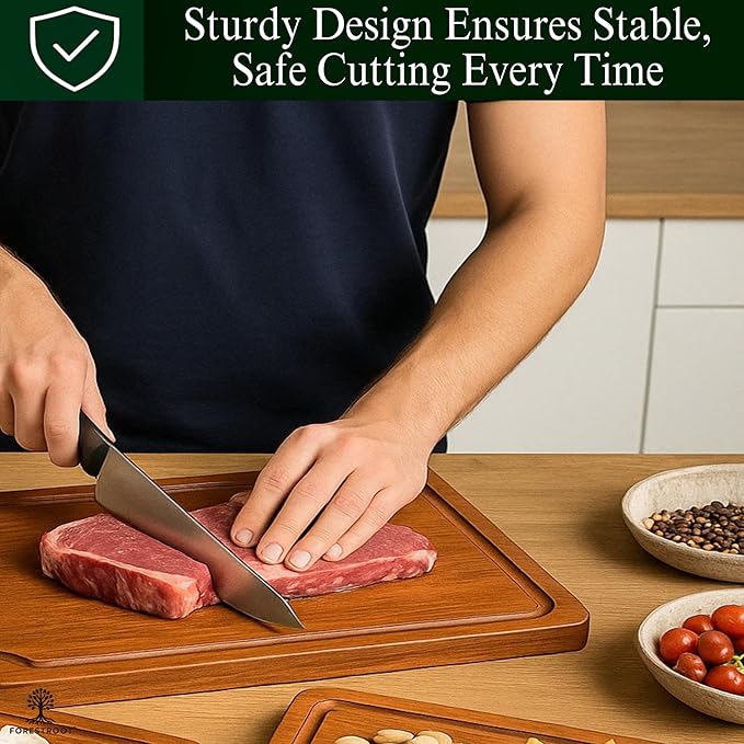Forestroot Bamboo Cutting Board Set – 3-Piece Wooden Kitchen Boards for Meal Prep & Serving – Durable Bamboo with Deep Juice Groove & Side Handles – Great for Meat, Vegetables & Charcuterie(Brown)