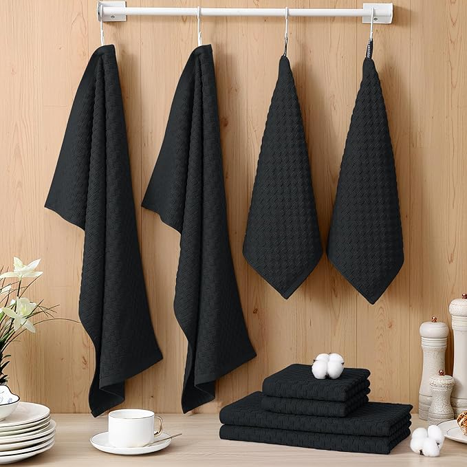 Homaxy 100% Cotton Kitchen Towels and Dishcloths Set, 12 x 12 & 15 x 25 Inches, Set of 12 Bulk Terry Cloth Dish Towels, Super Soft and Absorbent Hand Towel with Hanging Loop, Black