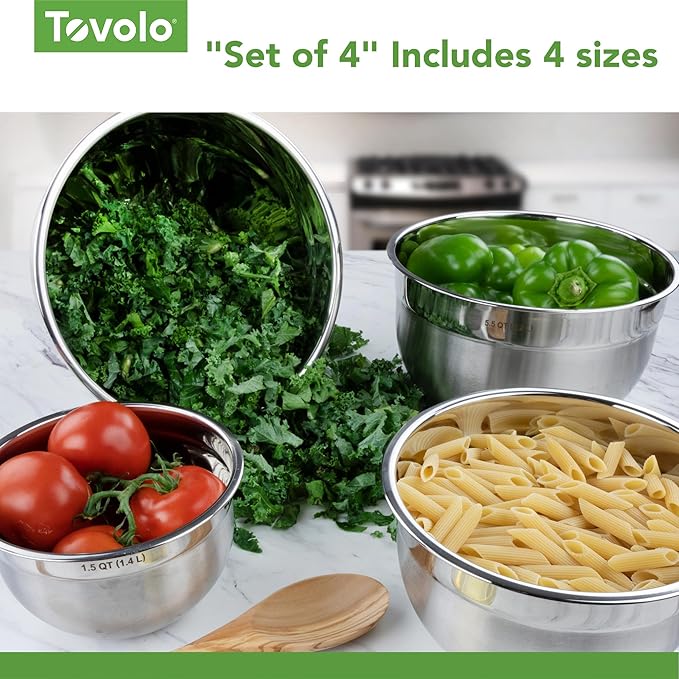 Tovolo Stainless Steel Mixing Bowls, 7.5 Qt - Metal Nesting Mixing Bowl with Rounded Lip for Easy Pour & Minimal Mess - Large & Small Dishwasher Safe Kitchen Supplies for Prep & Cooking