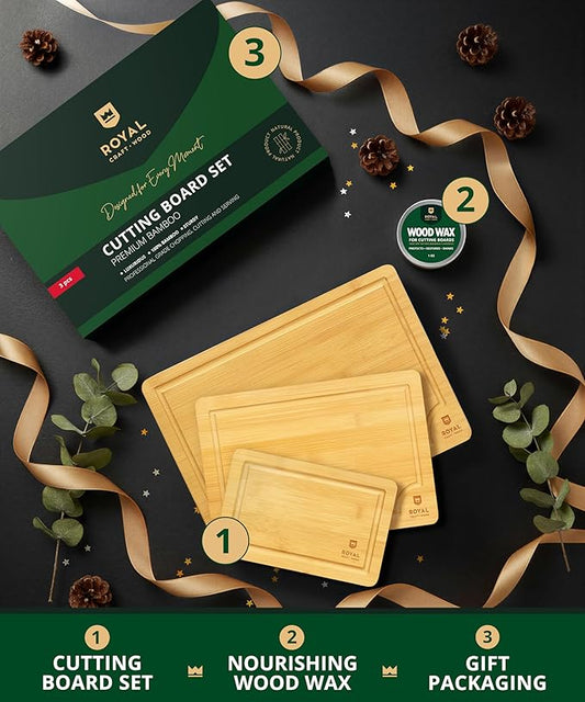 ROYAL CRAFT WOOD Bamboo Cutting Board Gift Set – 3-Piece Reversible Wooden Boards with Deep Juice Groove & Handles – Premium Charcuterie & Butcher Blocks for Kitchen – Holiday Gift-Ready Packaging