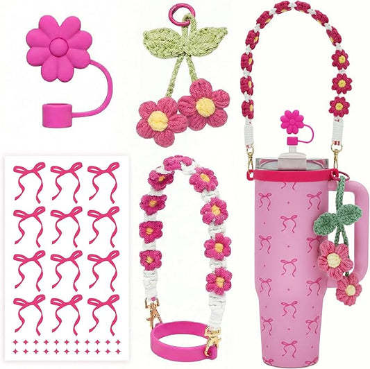 Stanley Cup Accessories Set for 40/30 oz Tumbler, Including Handle Strap, Silicone Straw Topper Cover, Charm, Original Bows Decal Sticker, Cute Birthday Gifts for Women Her Mom Daughter
