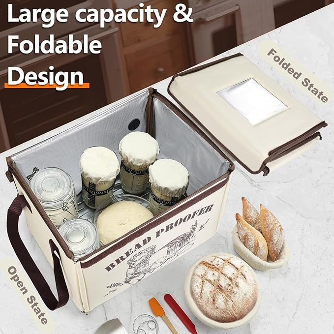 OUEST Foldable Bread Proofing Box for Sourdough, 50°F-113°F Precise Temp Control & 12H Timer, Electric Dough Proofing Container with Metal Rack for Bread Baking, Pizza, Yogurt, Kombucha