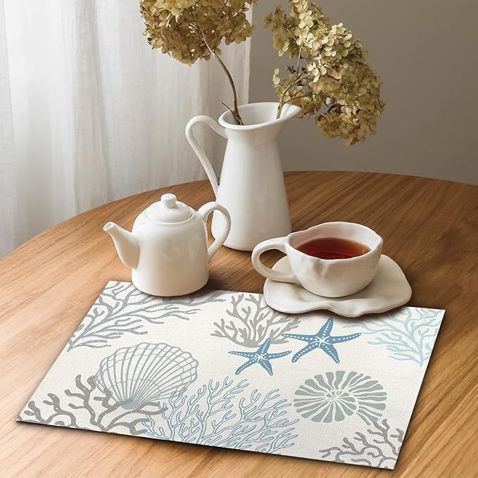 Coastal Placemats Starfish Beach Theme Ocean Seashell WashableTablemats Resistant Place Mats Kitchen Decor Dining Decoration for Party, Nautical Placemats Set of 4-13