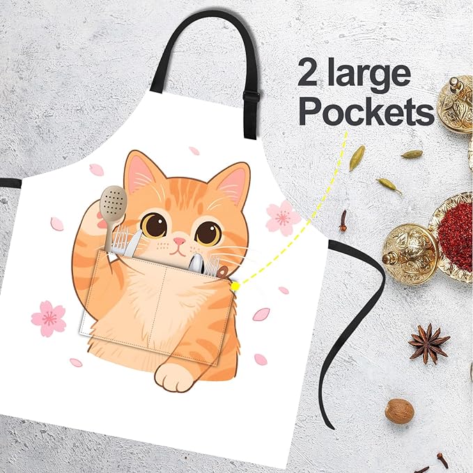 Funny Cat Apron with 2 Pockets Waterproof for Men Women Kitchen Garden Decor