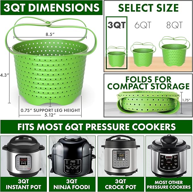 Avokado Silicone Steamer Basket for 3qt Instant Pot [6qt, 8qt avail], Ninja Foodi, Other Pressure Cookers - 100% Food Safe, BPA-Free, Dishwasher Safe Collapsible Vegetable Steamer Basket & Strainer