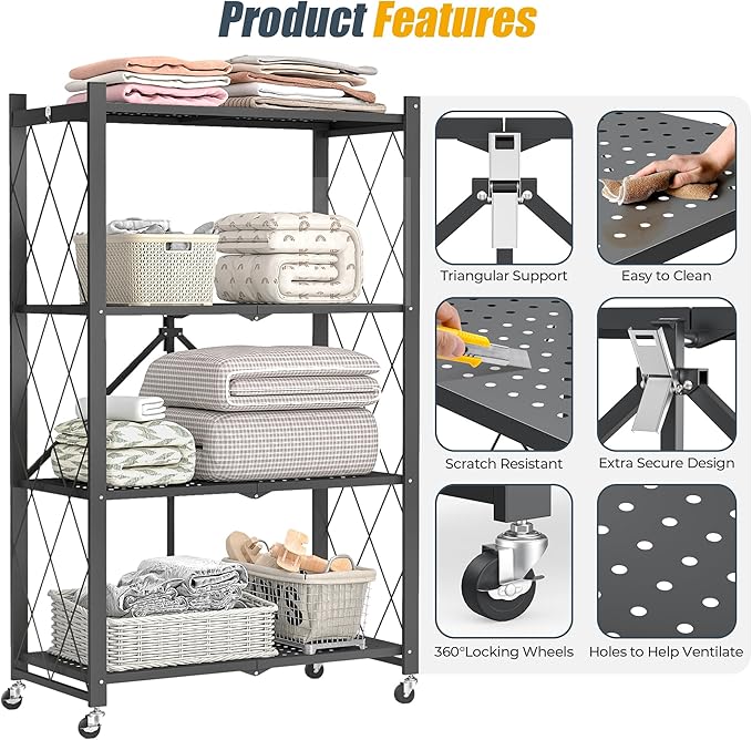 4-Tier Folding Metal Storage Rack - 50" Heavy-Duty Steel Frame with Wheels, No Assembly Utility Organizer, Rolling Shelving Unit for Kitchen, Garage, Pantry, Bedroom (Black, 4 Tier)