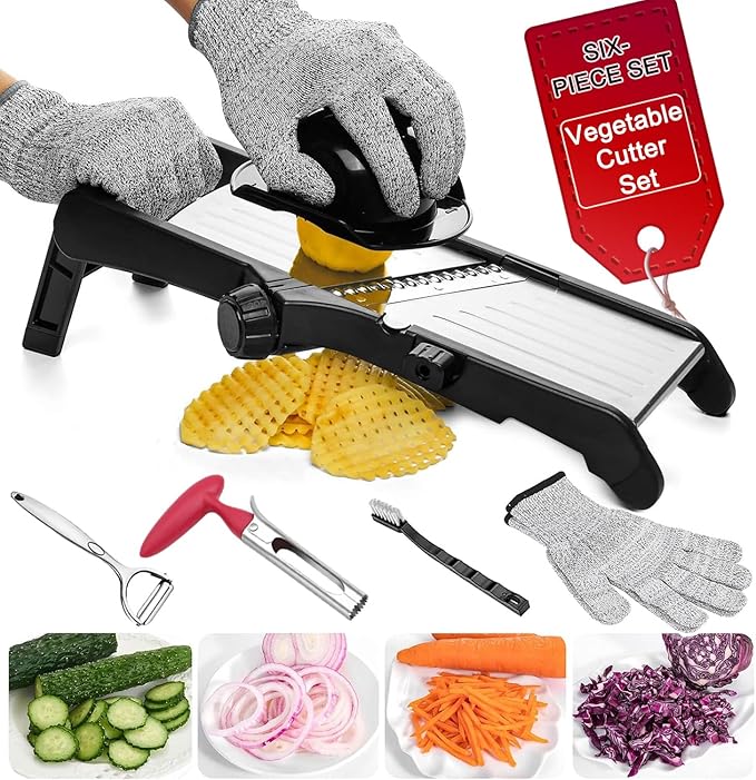 Mandoline Food Slicer for Kitchen, Adjustable Stainless Steel Mandoline Vegetable Slicer, Onion/Potato Slicer/French Fry Cutter, 6-Piece Fruit & Vegetable Cutting Set (Black/Silver)