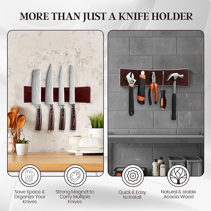 16 Inch Acacia Wood Magnetic Knife Holder for Wall - Magnetic Knife Strip & Knife Magnet - Kitchen Knife Storage Bar & Utensil Organizer