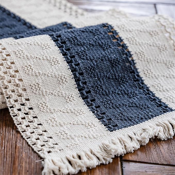 Alynsehom Macrame Table Runner Cream Beige and Blue Boho Table Runners with Tassels Hand Woven Cotton Table Runner Rustic Farmhouse Table Runners for Bohemian Kitchen Dining Table(12x95in)