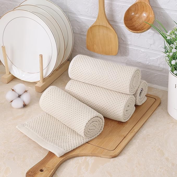 Kitinjoy 100% Cotton Waffle Weave Kitchen Towels, 4-Pack Super Soft and Absorbent Dish Towels for Drying Dishes, Kitchen Hand Towels, 13 in x 28 in, Beige