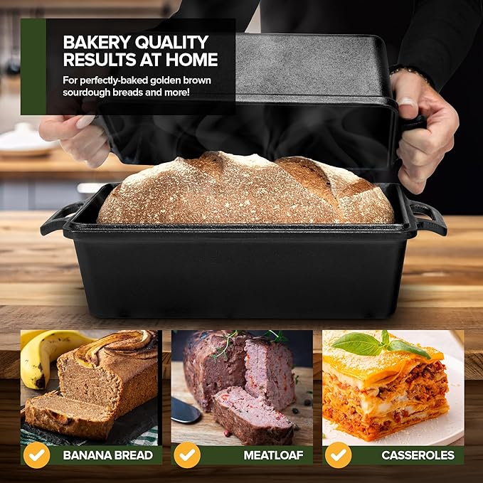 Modern Innovations Cast Iron Bread Pan with Lid 9x5 Inch, Pre-Seasoned Loaf Pan for Baking Sourdough, Banana Bread, Meatloaf and Casseroles, Heavy Duty Dutch Oven Style Pan