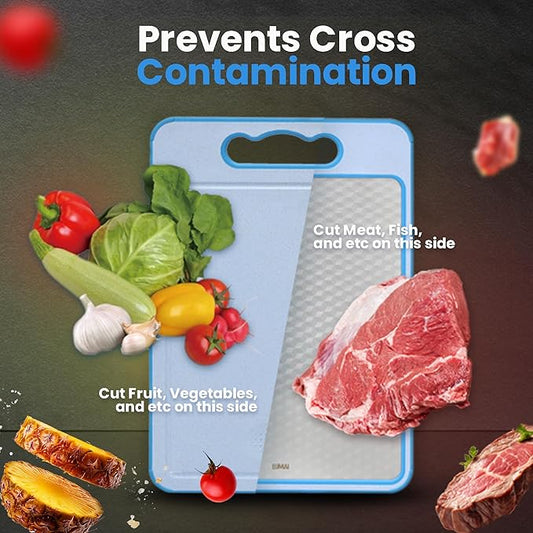 LUMAI Blue Stainless Steel Cutting Board for Raw Meat & PP Wheat Straw for Fruits, Veggies & Bread, Non Toxic Cutting Board for Kitchen w/Knife Sharpener, Stainless Steel Chopping Boards for Kitchen