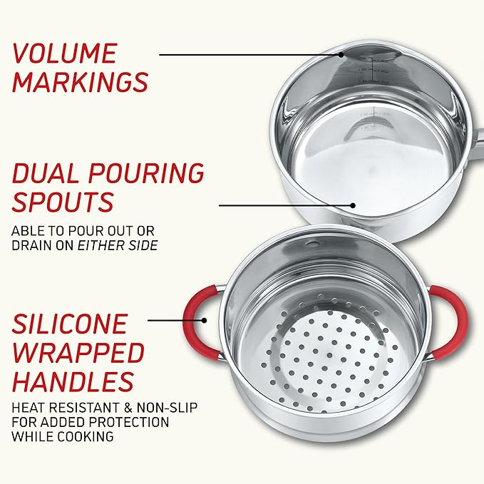Concord Stainless Steel SIMPLE POUR Saucepan with Steamer Tier. Vented Glass Lid. Features Dual Pouring Spouts and Volume Marking on pot. Perfect for making Sauces, Jam, Ramen, and more (3 Quart)