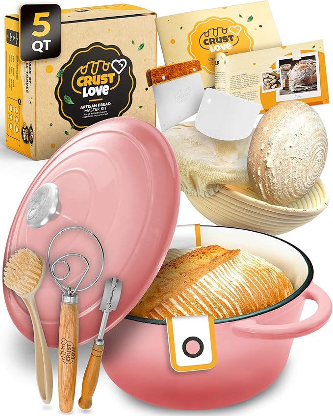 CRUSTLOVE Dutch Oven for Bread Baking - incl. Sourdough Bread-Baking Supplies like Banneton Bread-Proofing Basket - 5QT Enameled Cast Iron Bread-Oven with Lid, Baking Pan, Scoring Tool Lame