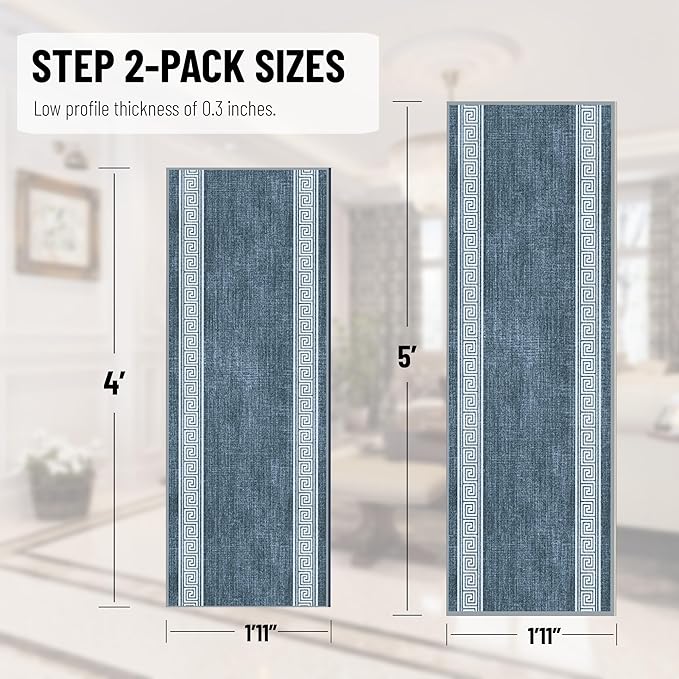 Ottomanson 2-Piece Kitchen Rug Set - Non Slip Runner & Washable Mat - 1'11" x 4' + 1'11"' x 5' - Durable, Stain Resistant for Entryway, Bedroom and Bathroom, Greek Border Greyish Blue