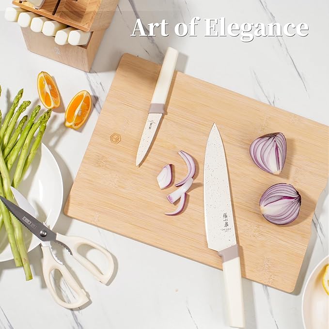 15Pcs Knife Set with Block, High Carbon Stainless Steel Kitchen Knife Set with Ceramic-Coated Blade, Sharp and Durable, Hundreds of Years of Masterful(Cream)